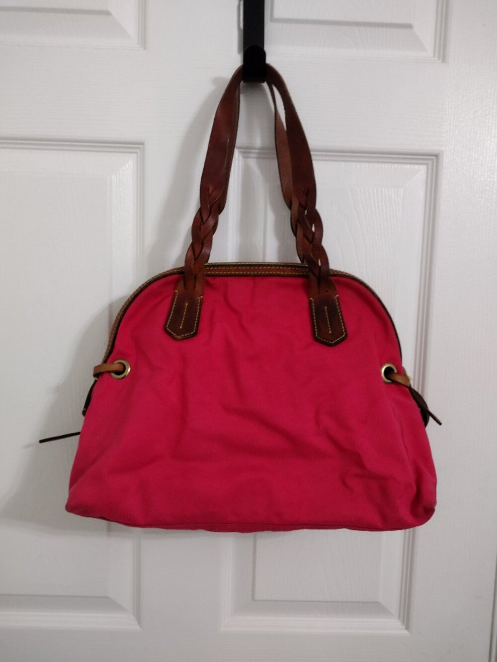 Dooney & Bourke Pink Nylon Satchel Brown Leather Trim Braided Handles Shoulder - Picture 7 of 13